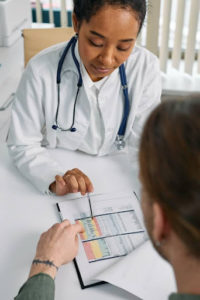 A doctor discussing test results with a medical patient